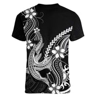 Black Aloha Hawaii Women V-Neck T-Shirt Polynesian Shark Tattoo With Plumeria LT14 - Polynesian Pride