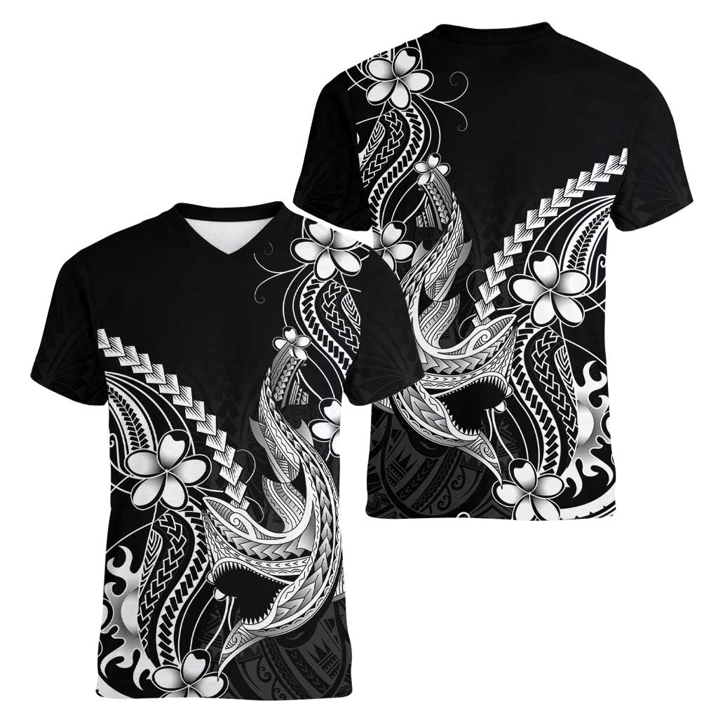 Black Aloha Hawaii Women V-Neck T-Shirt Polynesian Shark Tattoo With Plumeria LT14 - Polynesian Pride