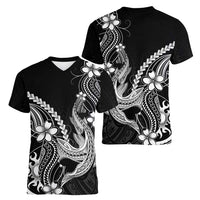 Black Aloha Hawaii Women V-Neck T-Shirt Polynesian Shark Tattoo With Plumeria LT14 - Polynesian Pride