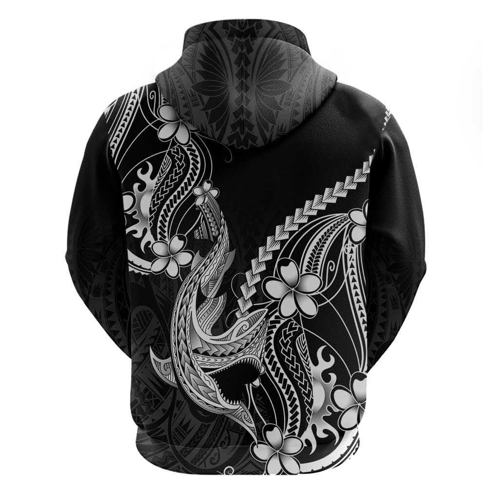 Black Aloha Hawaii Zip Hoodie Polynesian Shark Tattoo With Plumeria LT14 - Polynesian Pride