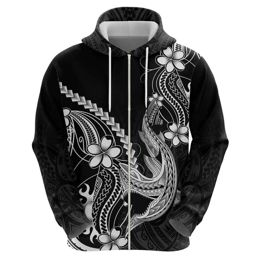 Black Aloha Hawaii Zip Hoodie Polynesian Shark Tattoo With Plumeria LT14 - Polynesian Pride