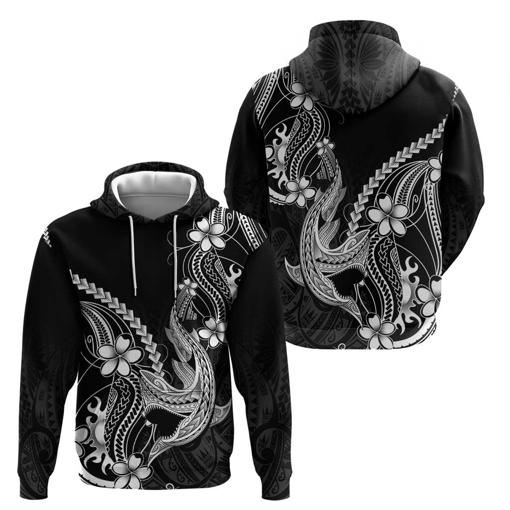 Black Aloha Hawaii Zip Hoodie Polynesian Shark Tattoo With Plumeria LT14 - Polynesian Pride