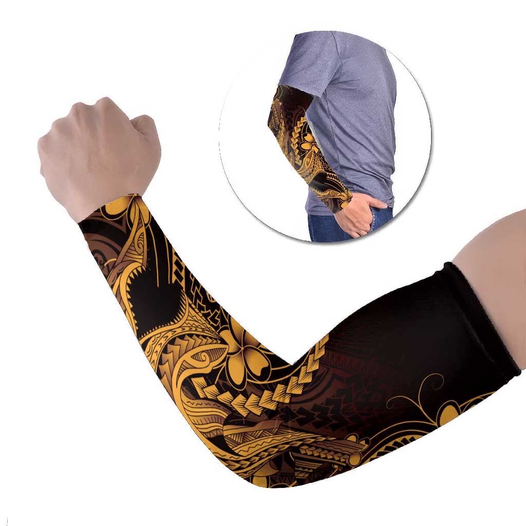Gold Black Aloha Hawaii Arm Sleeves Polynesian Shark Tattoo With Plumeria LT14 Set of 2 Gold - Polynesian Pride