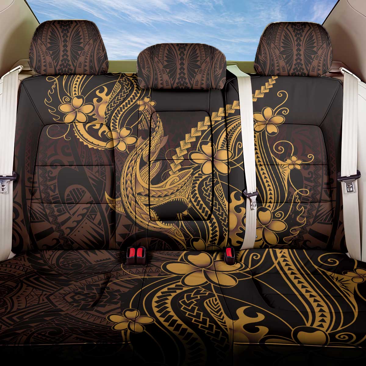 Gold Black Aloha Hawaii Back Car Seat Cover Polynesian Shark Tattoo With Plumeria LT14 One Size Gold - Polynesian Pride