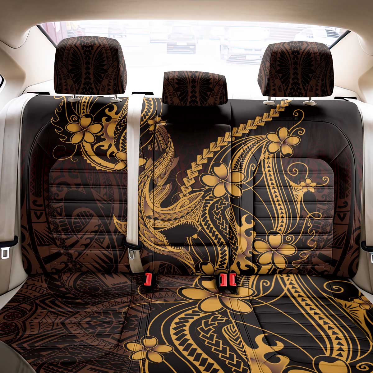 Gold Black Aloha Hawaii Back Car Seat Cover Polynesian Shark Tattoo With Plumeria LT14 - Polynesian Pride