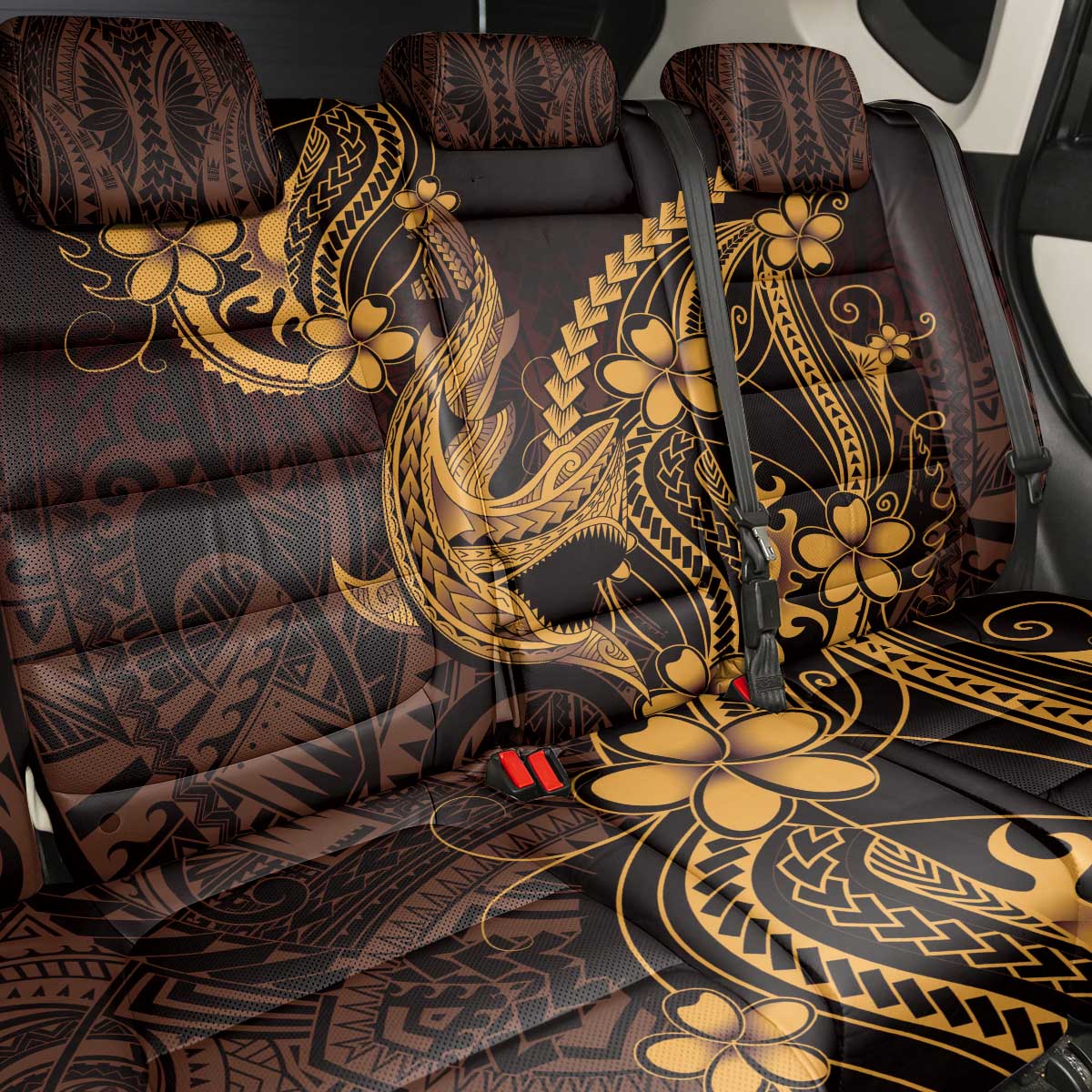 Gold Black Aloha Hawaii Back Car Seat Cover Polynesian Shark Tattoo With Plumeria LT14 - Polynesian Pride