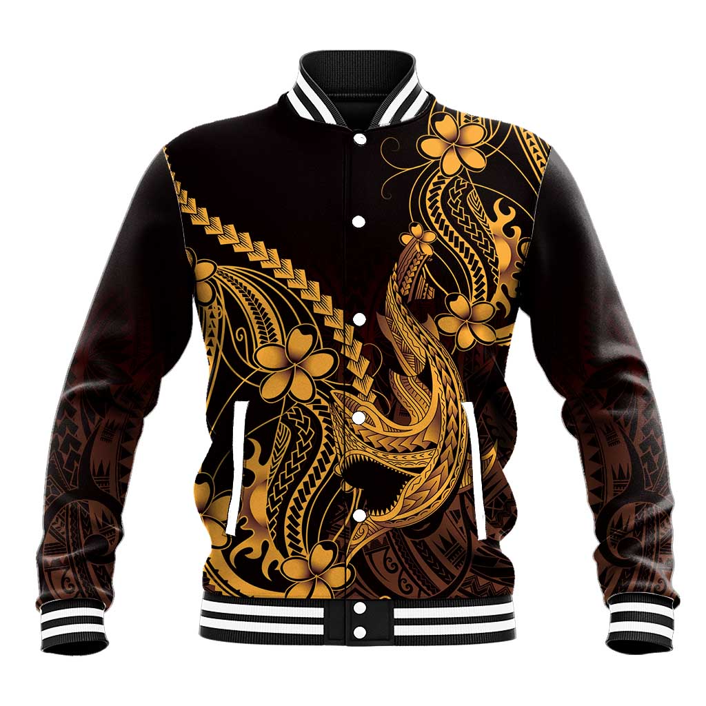 Gold Black Aloha Hawaii Baseball Jacket Polynesian Shark Tattoo With Plumeria LT14 Unisex Gold - Polynesian Pride