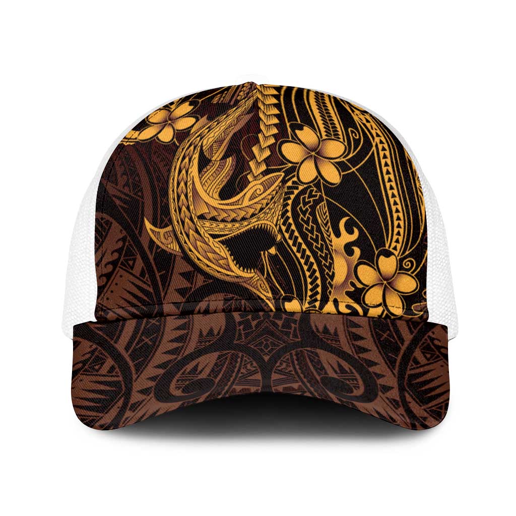 Gold Black Aloha Hawaii Baseball Net Cap Polynesian Shark Tattoo With Plumeria LT14 One Size White Gold - Polynesian Pride