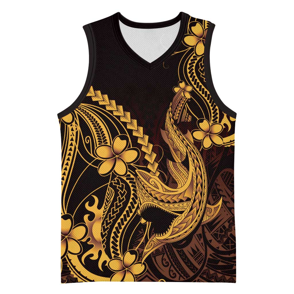 Gold Black Aloha Hawaii Basketball Jersey Polynesian Shark Tattoo With Plumeria LT14 Unisex Gold - Polynesian Pride