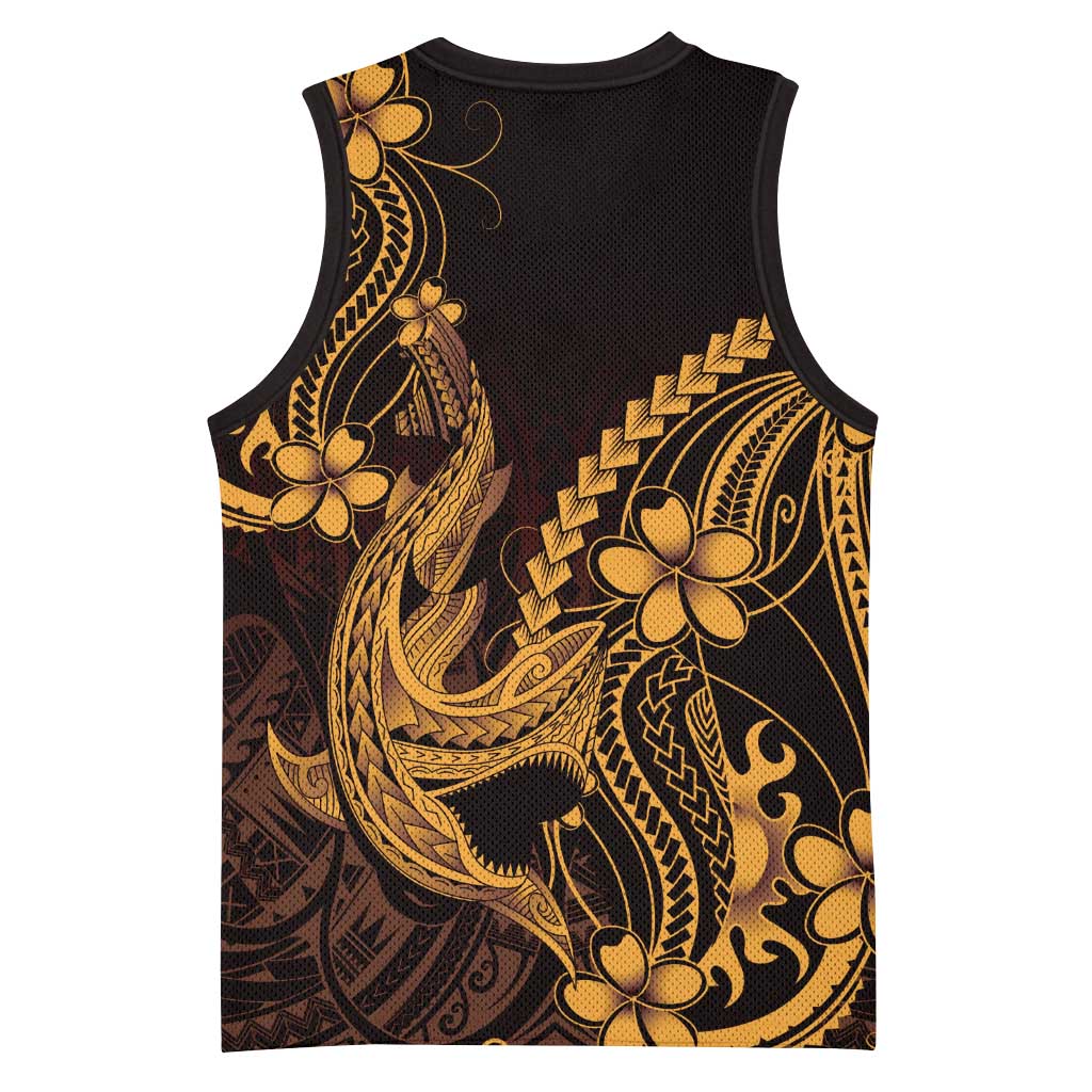 Gold Black Aloha Hawaii Basketball Jersey Polynesian Shark Tattoo With Plumeria LT14 - Polynesian Pride