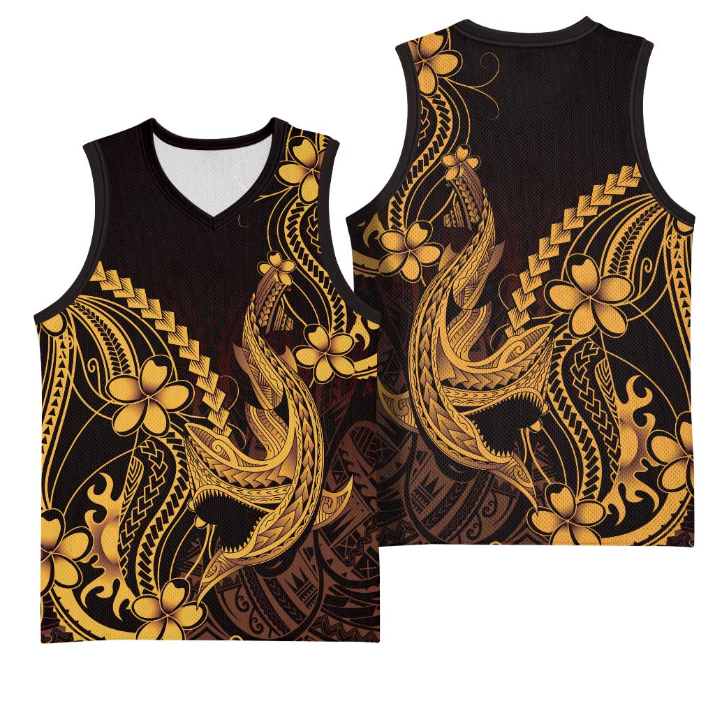 Gold Black Aloha Hawaii Basketball Jersey Polynesian Shark Tattoo With Plumeria LT14 - Polynesian Pride