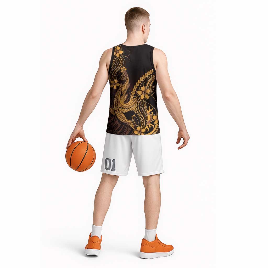 Gold Black Aloha Hawaii Basketball Jersey Polynesian Shark Tattoo With Plumeria LT14 - Polynesian Pride