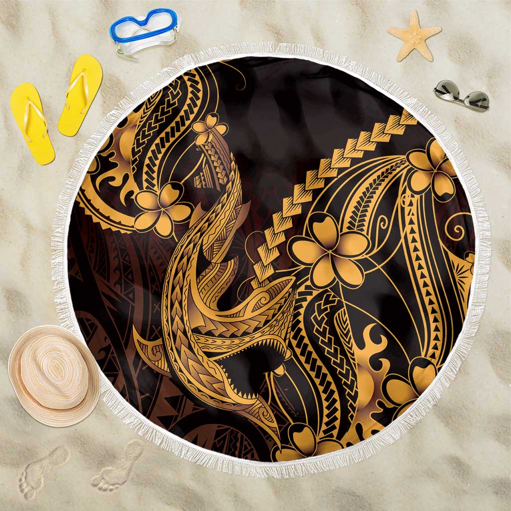 Gold Black Aloha Hawaii Beach Blanket Polynesian Shark Tattoo With Plumeria - Polynesian Pride