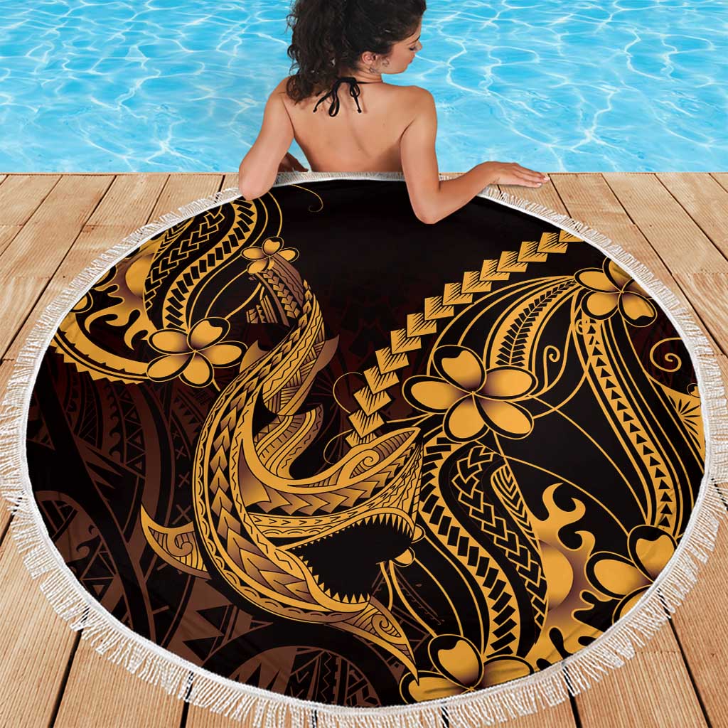 Gold Black Aloha Hawaii Beach Blanket Polynesian Shark Tattoo With Plumeria - Polynesian Pride