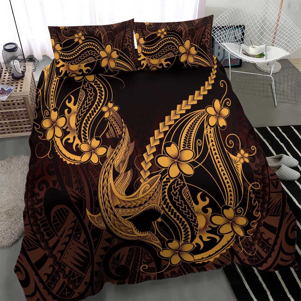 Gold Black Aloha Hawaii Bedding Set Polynesian Shark Tattoo With Plumeria - Polynesian Pride