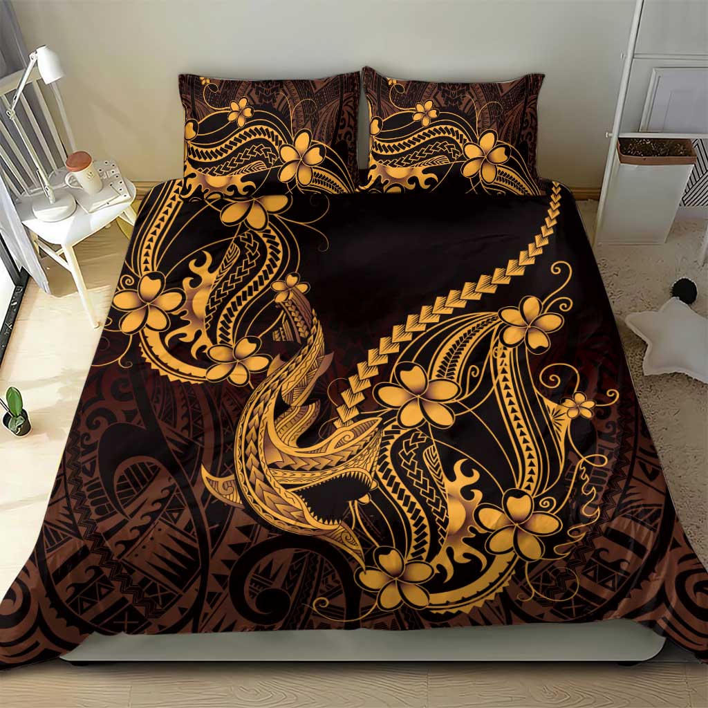 Gold Black Aloha Hawaii Bedding Set Polynesian Shark Tattoo With Plumeria - Polynesian Pride