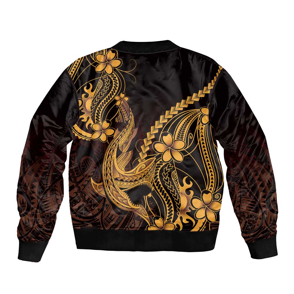 Gold Black Aloha Hawaii Bomber Jacket Polynesian Shark Tattoo With Plumeria - Polynesian Pride