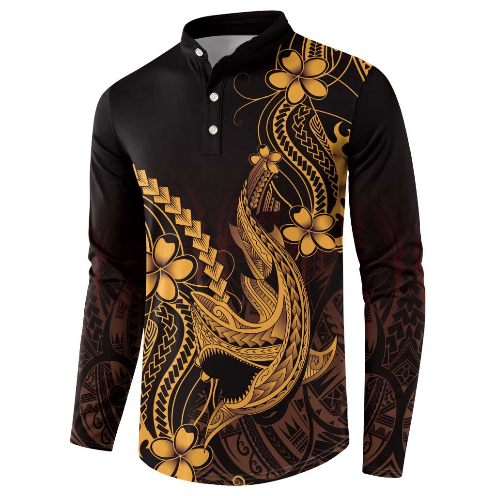 Gold Black Aloha Hawaii Button Sweatshirt Polynesian Shark Tattoo With Plumeria LT14 - Polynesian Pride