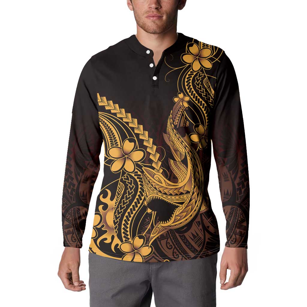 Gold Black Aloha Hawaii Button Sweatshirt Polynesian Shark Tattoo With Plumeria LT14 - Polynesian Pride