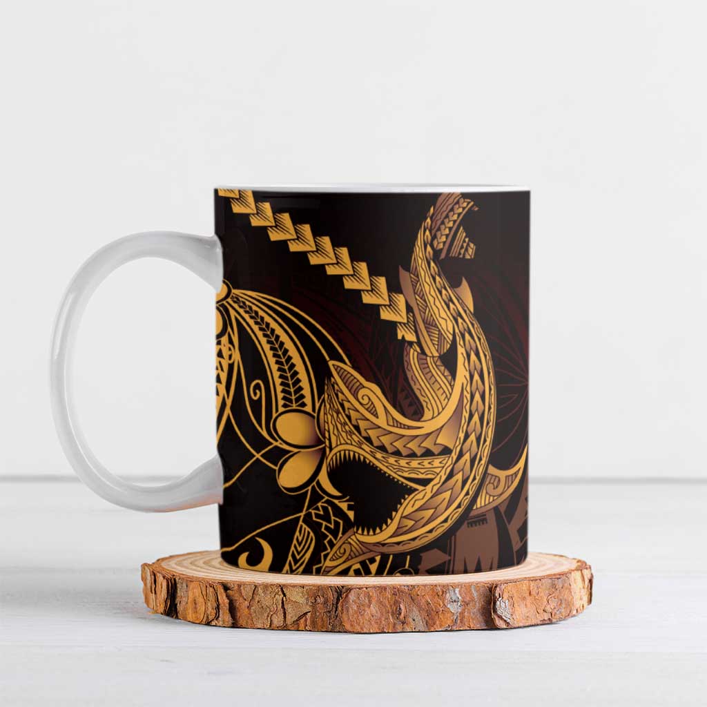 Gold Black Aloha Hawaii Ceramic Mug Polynesian Shark Tattoo With Plumeria LT14 Gold - Polynesian Pride