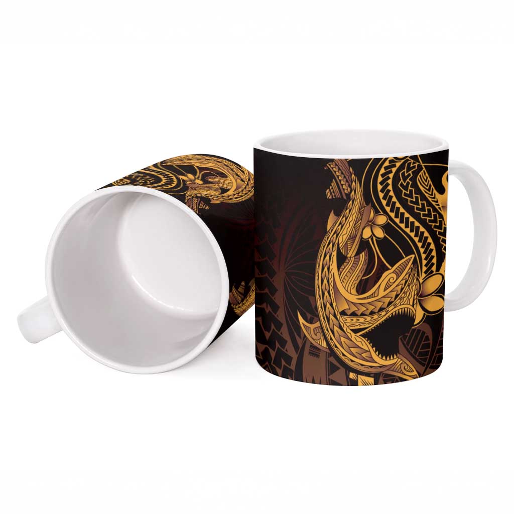 Gold Black Aloha Hawaii Ceramic Mug Polynesian Shark Tattoo With Plumeria LT14 - Polynesian Pride