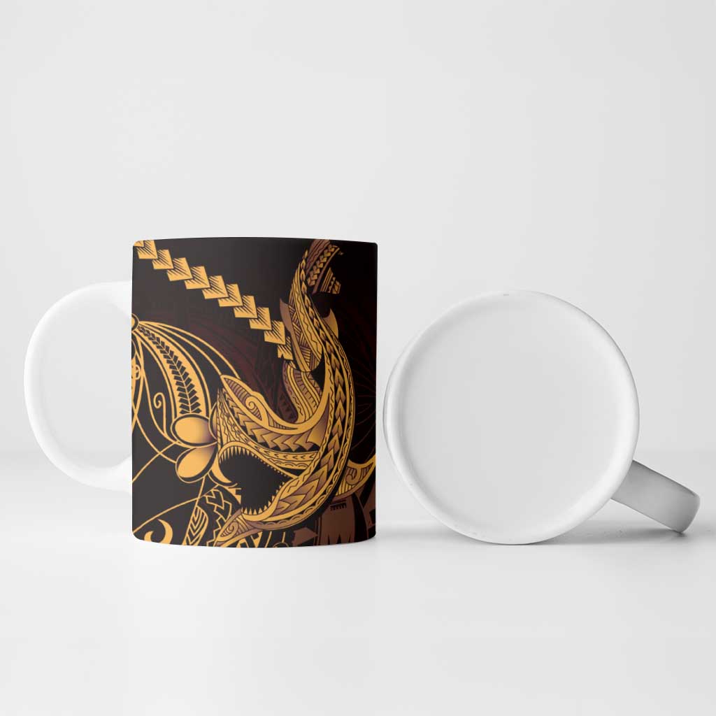 Gold Black Aloha Hawaii Ceramic Mug Polynesian Shark Tattoo With Plumeria LT14 - Polynesian Pride