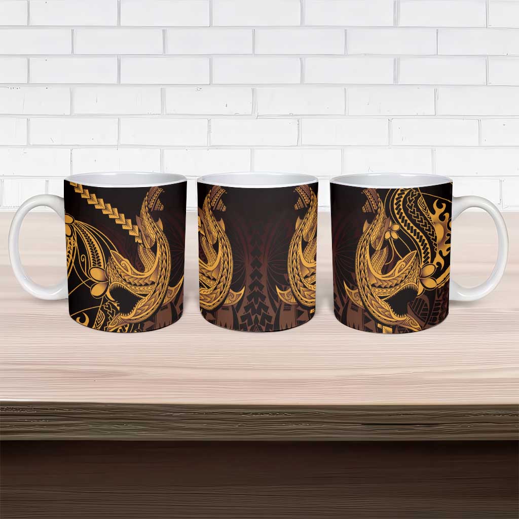 Gold Black Aloha Hawaii Ceramic Mug Polynesian Shark Tattoo With Plumeria LT14 - Polynesian Pride