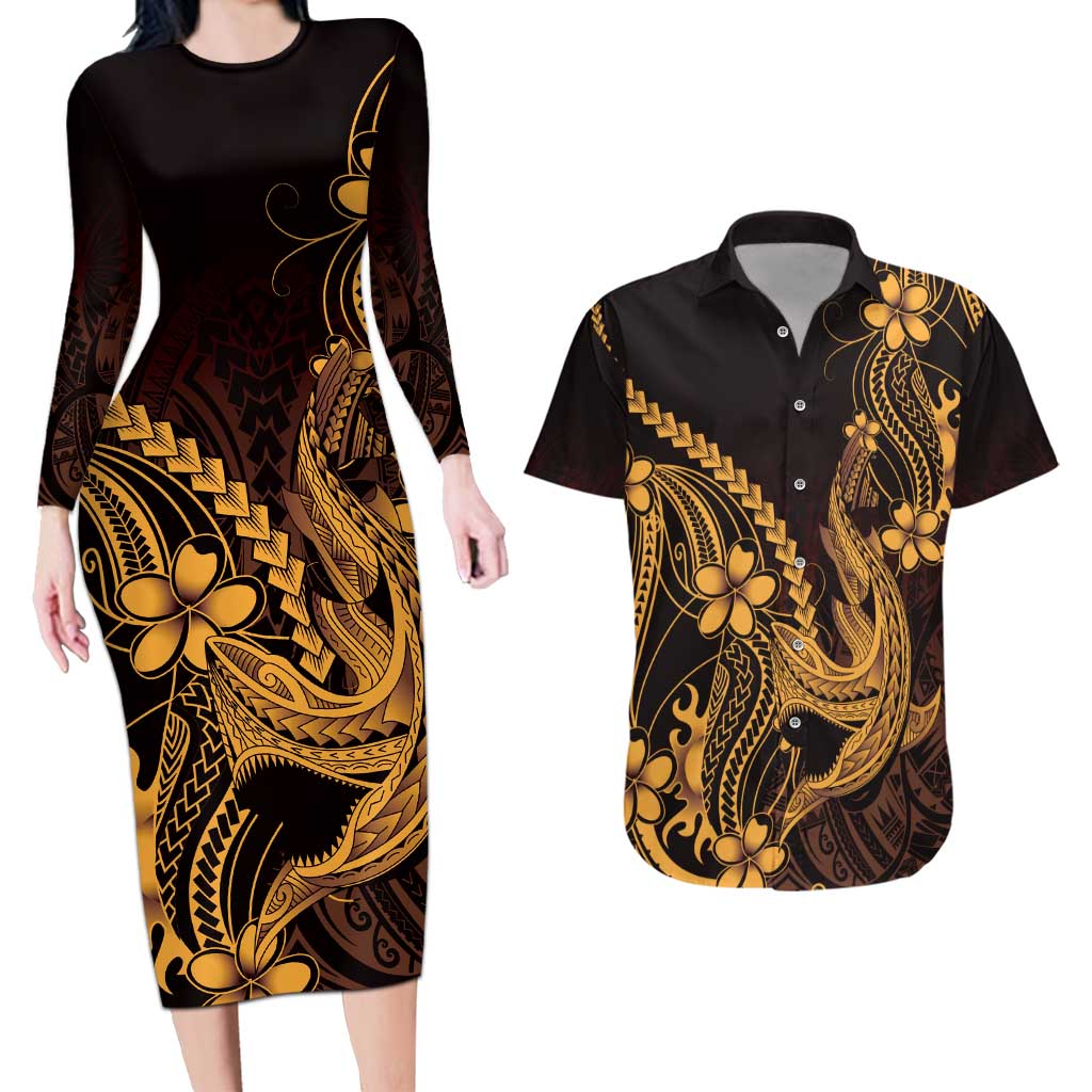 Gold Black Aloha Hawaii Couples Matching Long Sleeve Bodycon Dress and Hawaiian Shirt Polynesian Shark Tattoo With Plumeria - Polynesian Pride