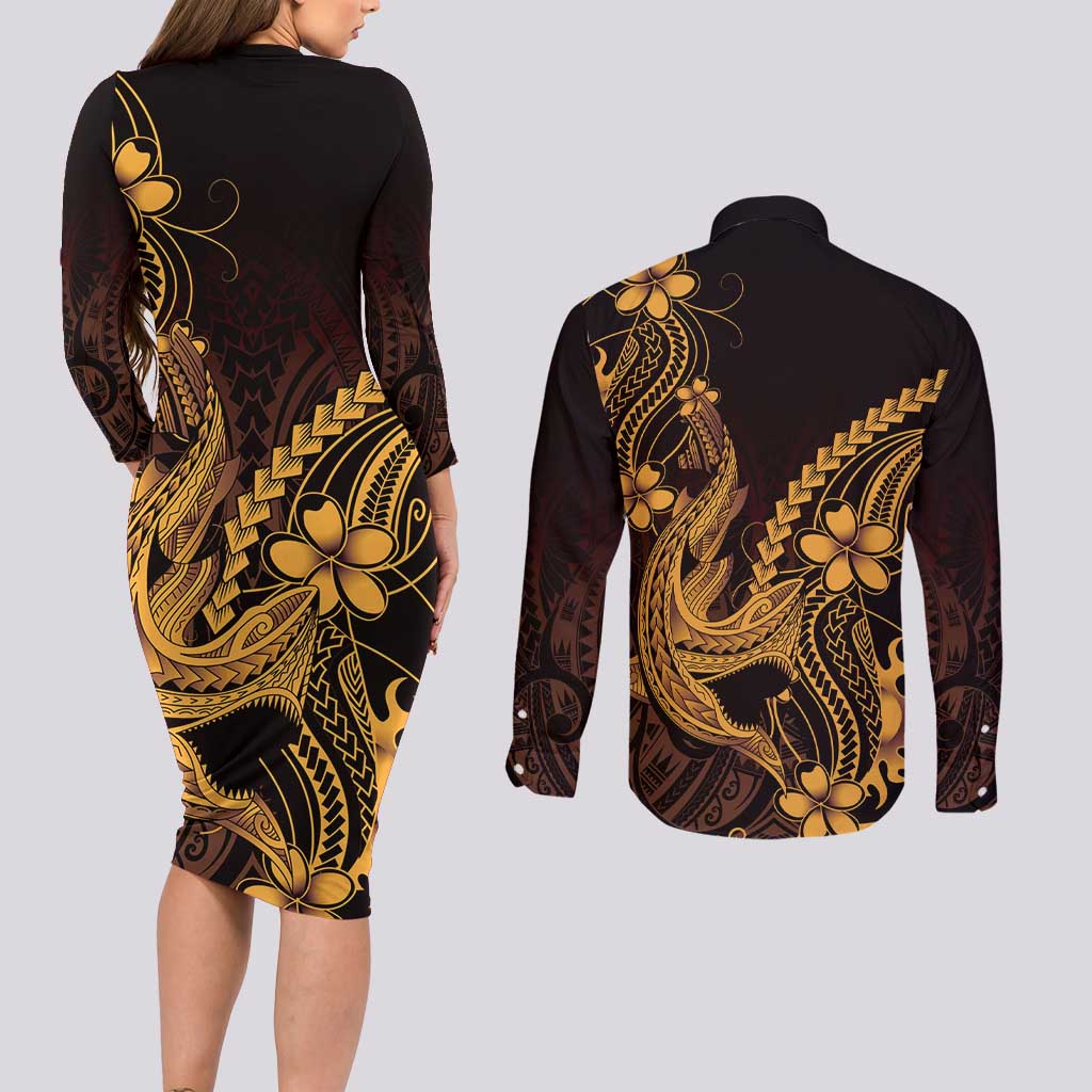 Gold Black Aloha Hawaii Couples Matching Long Sleeve Bodycon Dress and Long Sleeve Button Shirt Polynesian Shark Tattoo With Plumeria - Polynesian Pride
