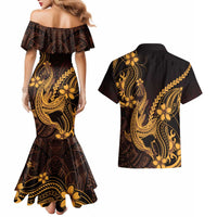 Gold Black Aloha Hawaii Couples Matching Mermaid Dress and Hawaiian Shirt Polynesian Shark Tattoo With Plumeria - Polynesian Pride