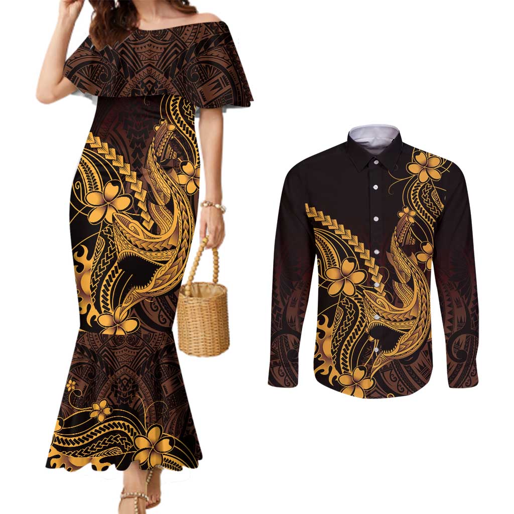 Gold Black Aloha Hawaii Couples Matching Mermaid Dress and Long Sleeve Button Shirt Polynesian Shark Tattoo With Plumeria - Polynesian Pride
