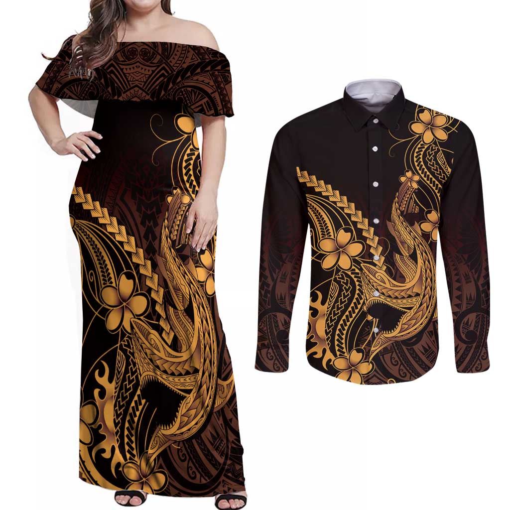 Gold Black Aloha Hawaii Couples Matching Off Shoulder Maxi Dress and Long Sleeve Button Shirt Polynesian Shark Tattoo With Plumeria - Polynesian Pride