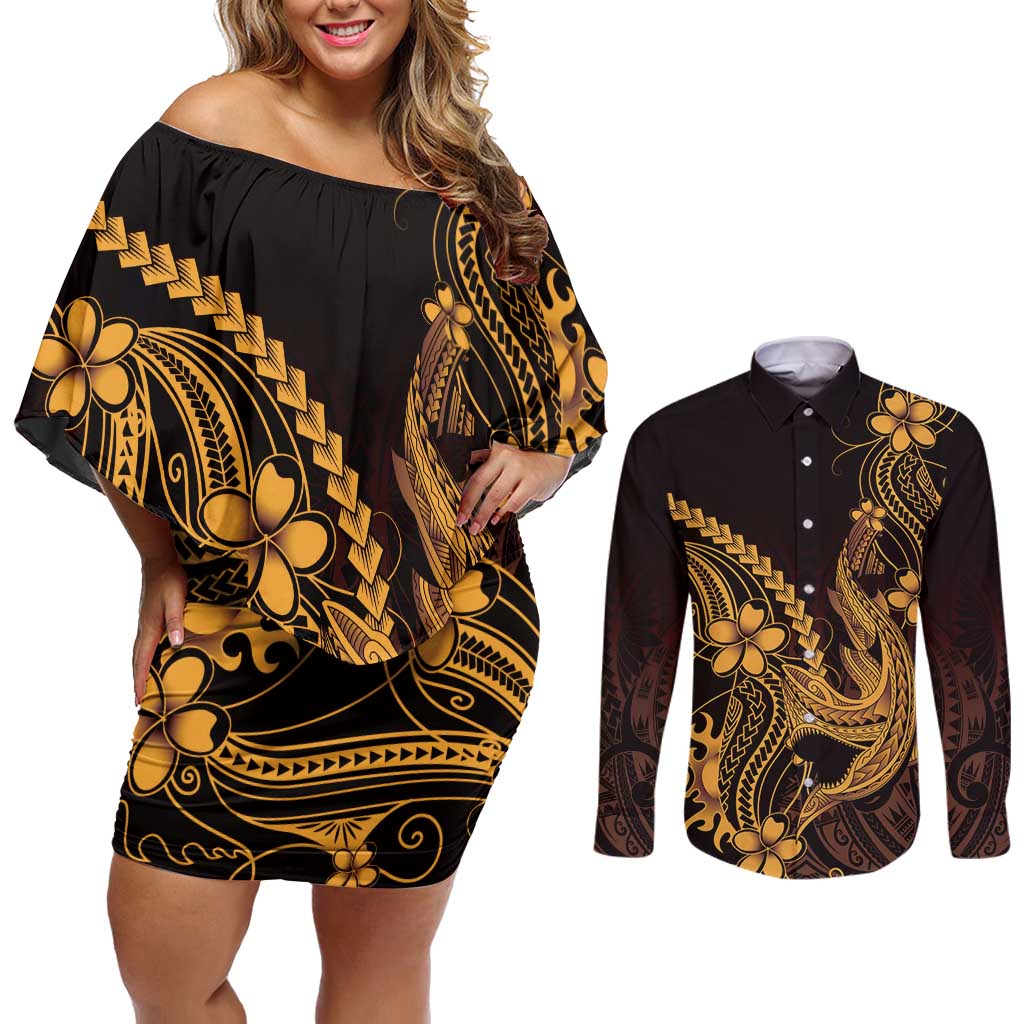 Gold Black Aloha Hawaii Couples Matching Off Shoulder Short Dress and Long Sleeve Button Shirt Polynesian Shark Tattoo With Plumeria - Polynesian Pride