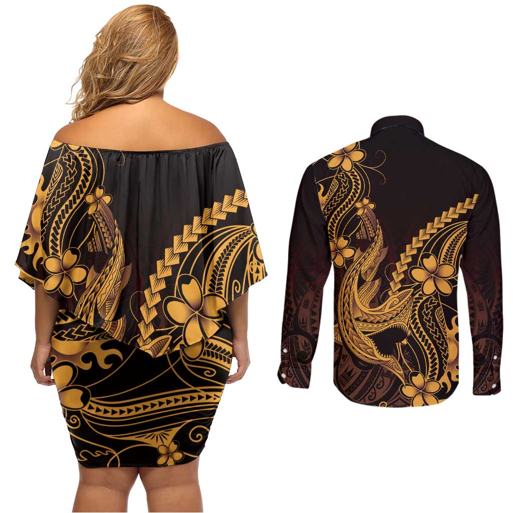 Gold Black Aloha Hawaii Couples Matching Off Shoulder Short Dress and Long Sleeve Button Shirt Polynesian Shark Tattoo With Plumeria - Polynesian Pride