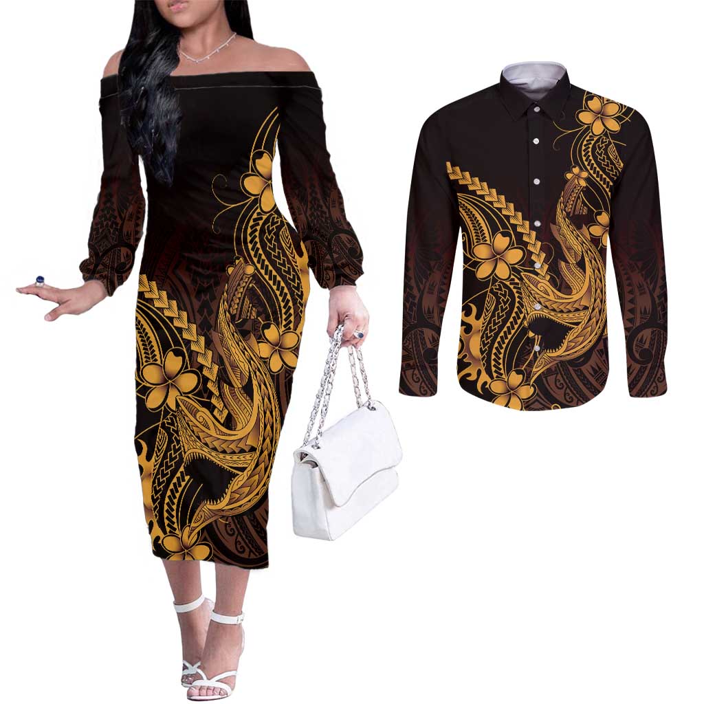 Gold Black Aloha Hawaii Couples Matching Off The Shoulder Long Sleeve Dress and Long Sleeve Button Shirt Polynesian Shark Tattoo With Plumeria - Polynesian Pride