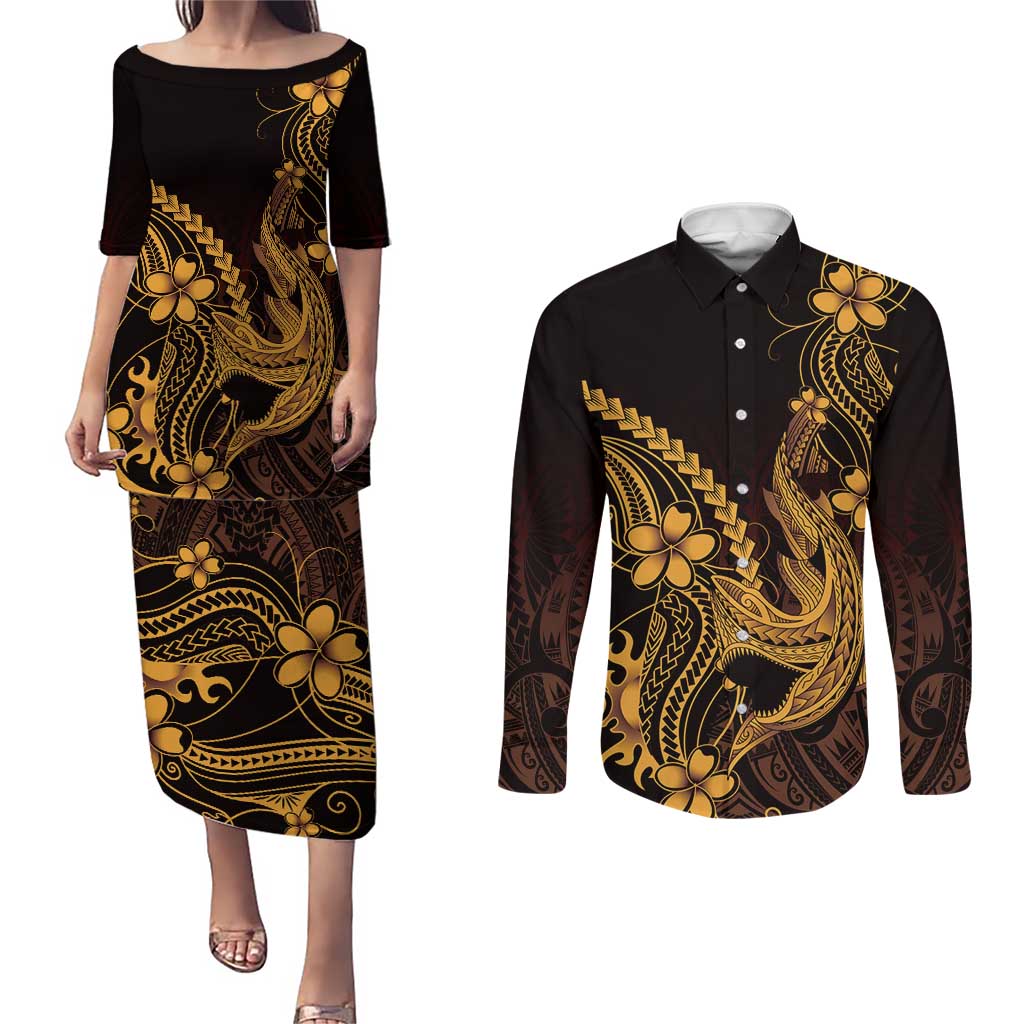Gold Black Aloha Hawaii Couples Matching Puletasi and Long Sleeve Button Shirt Polynesian Shark Tattoo With Plumeria LT14 Gold - Polynesian Pride