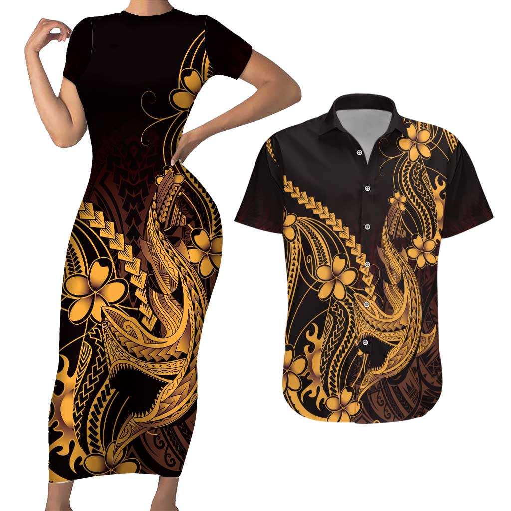 Gold Black Aloha Hawaii Couples Matching Short Sleeve Bodycon Dress and Hawaiian Shirt Polynesian Shark Tattoo With Plumeria - Polynesian Pride