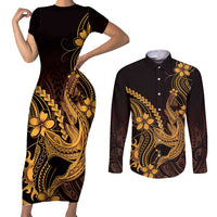 Gold Black Aloha Hawaii Couples Matching Short Sleeve Bodycon Dress and Long Sleeve Button Shirt Polynesian Shark Tattoo With Plumeria - Polynesian Pride