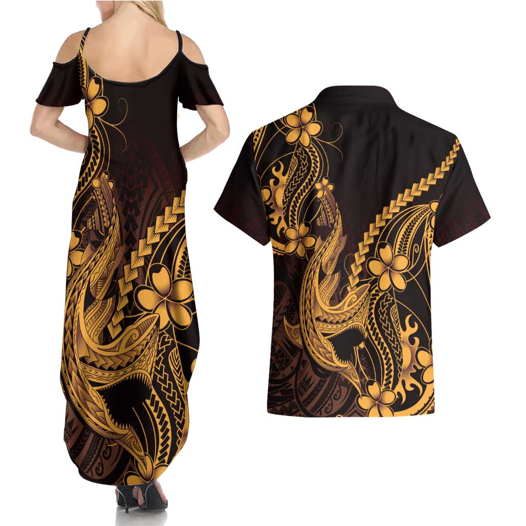 Gold Black Aloha Hawaii Couples Matching Summer Maxi Dress and Hawaiian Shirt Polynesian Shark Tattoo With Plumeria - Polynesian Pride