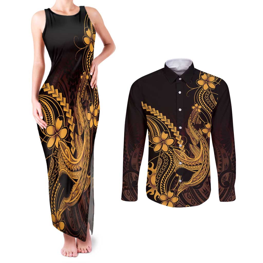 Gold Black Aloha Hawaii Couples Matching Tank Maxi Dress and Long Sleeve Button Shirt Polynesian Shark Tattoo With Plumeria - Polynesian Pride
