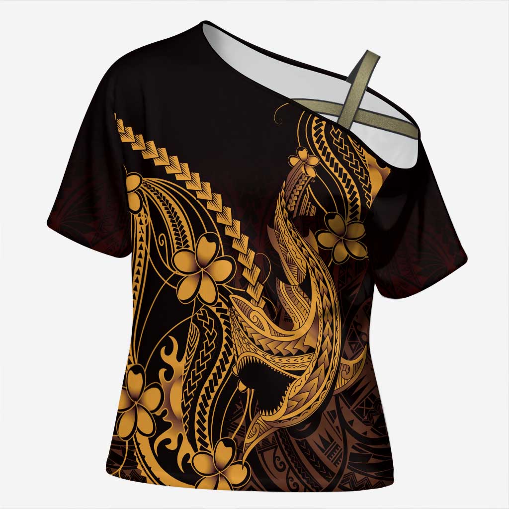 Gold Black Aloha Hawaii Cross Shoulder Shirt - Polynesian Shark Tattoo With Plumeria LT14 Female Gold - Polynesian Pride