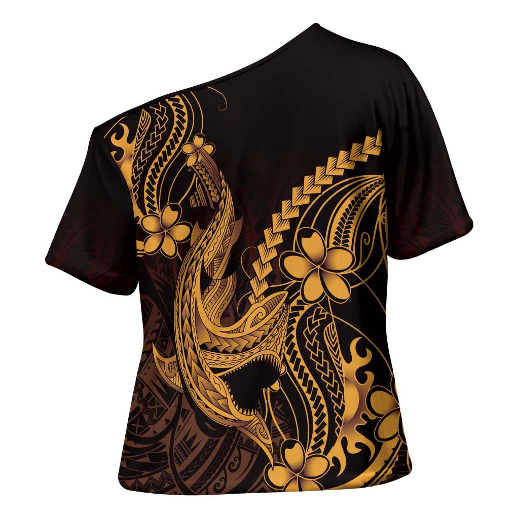 Gold Black Aloha Hawaii Cross Shoulder Shirt - Polynesian Shark Tattoo With Plumeria LT14 - Polynesian Pride