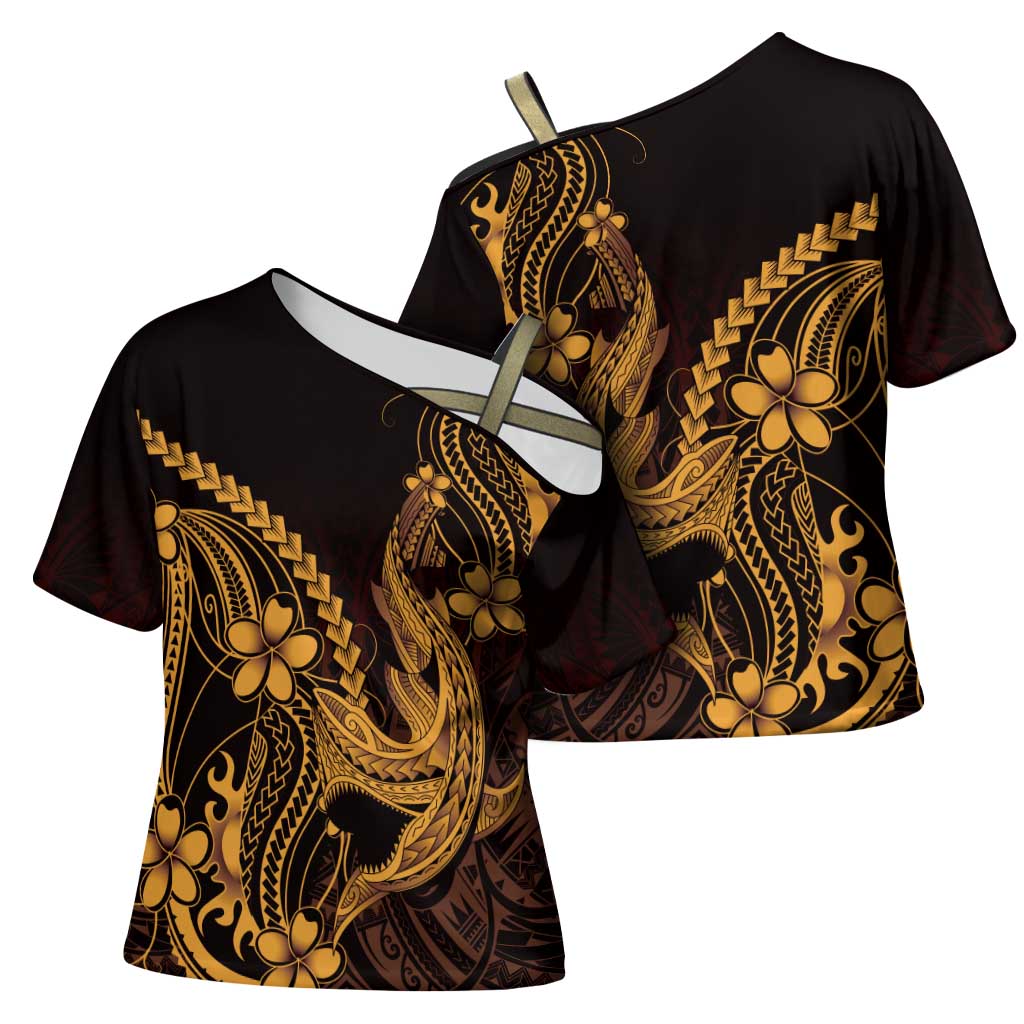 Gold Black Aloha Hawaii Cross Shoulder Shirt - Polynesian Shark Tattoo With Plumeria LT14 - Polynesian Pride