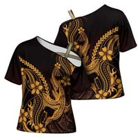 Gold Black Aloha Hawaii Cross Shoulder Shirt - Polynesian Shark Tattoo With Plumeria LT14 - Polynesian Pride