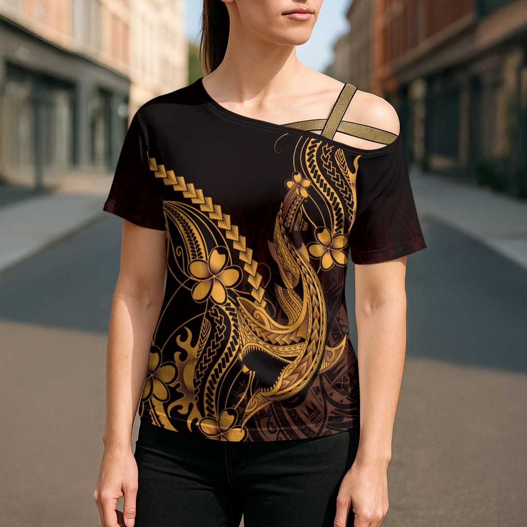 Gold Black Aloha Hawaii Cross Shoulder Shirt - Polynesian Shark Tattoo With Plumeria LT14 - Polynesian Pride