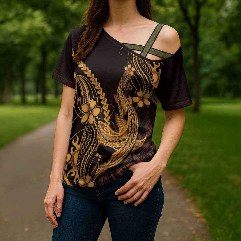 Gold Black Aloha Hawaii Cross Shoulder Shirt - Polynesian Shark Tattoo With Plumeria LT14 - Polynesian Pride