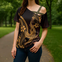 Gold Black Aloha Hawaii Cross Shoulder Shirt - Polynesian Shark Tattoo With Plumeria LT14 - Polynesian Pride