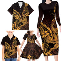 Gold Black Aloha Hawaii Family Matching Long Sleeve Bodycon Dress and Hawaiian Shirt Polynesian Shark Tattoo With Plumeria - Polynesian Pride