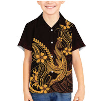 Gold Black Aloha Hawaii Family Matching Mermaid Dress and Hawaiian Shirt Polynesian Shark Tattoo With Plumeria - Polynesian Pride