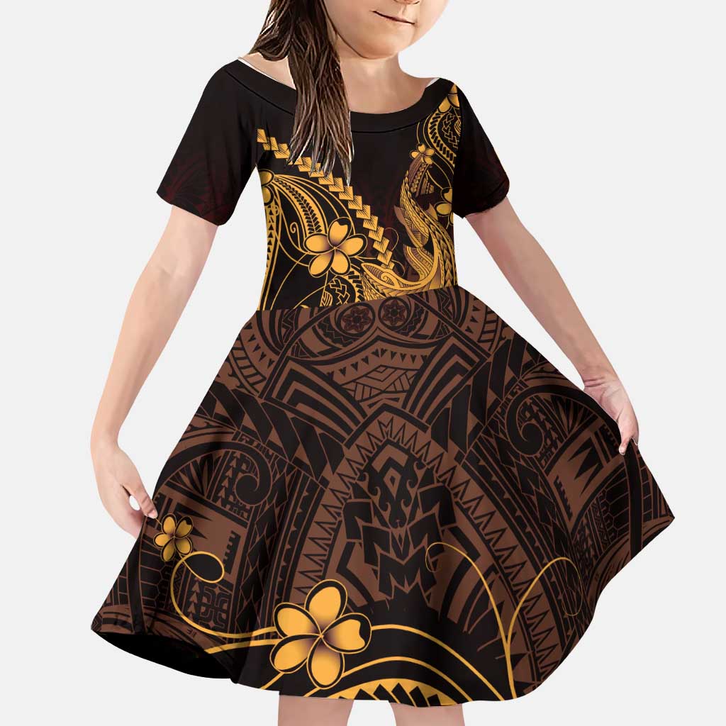 Gold Black Aloha Hawaii Family Matching Off The Shoulder Long Sleeve Dress and Hawaiian Shirt Polynesian Shark Tattoo With Plumeria - Polynesian Pride
